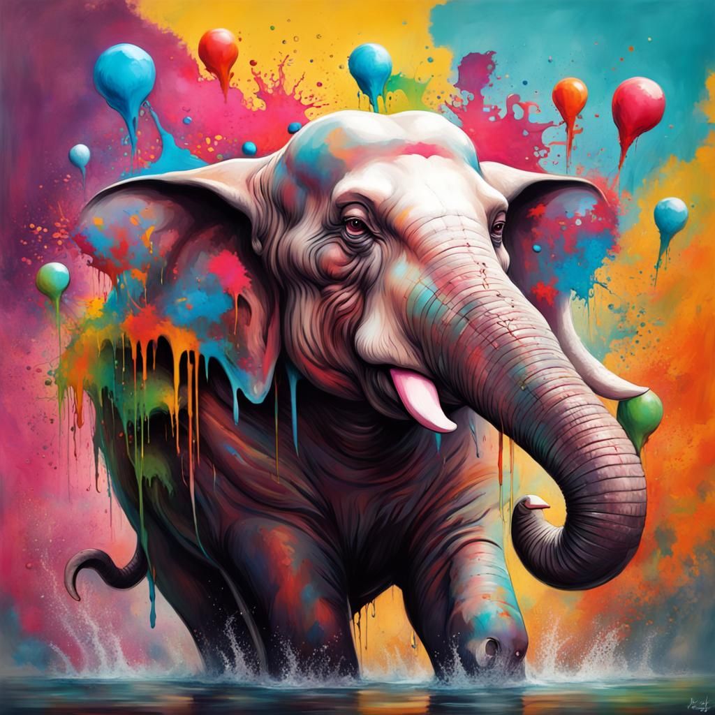 Laughing Man Rides Elephant in Graffiti Art Style