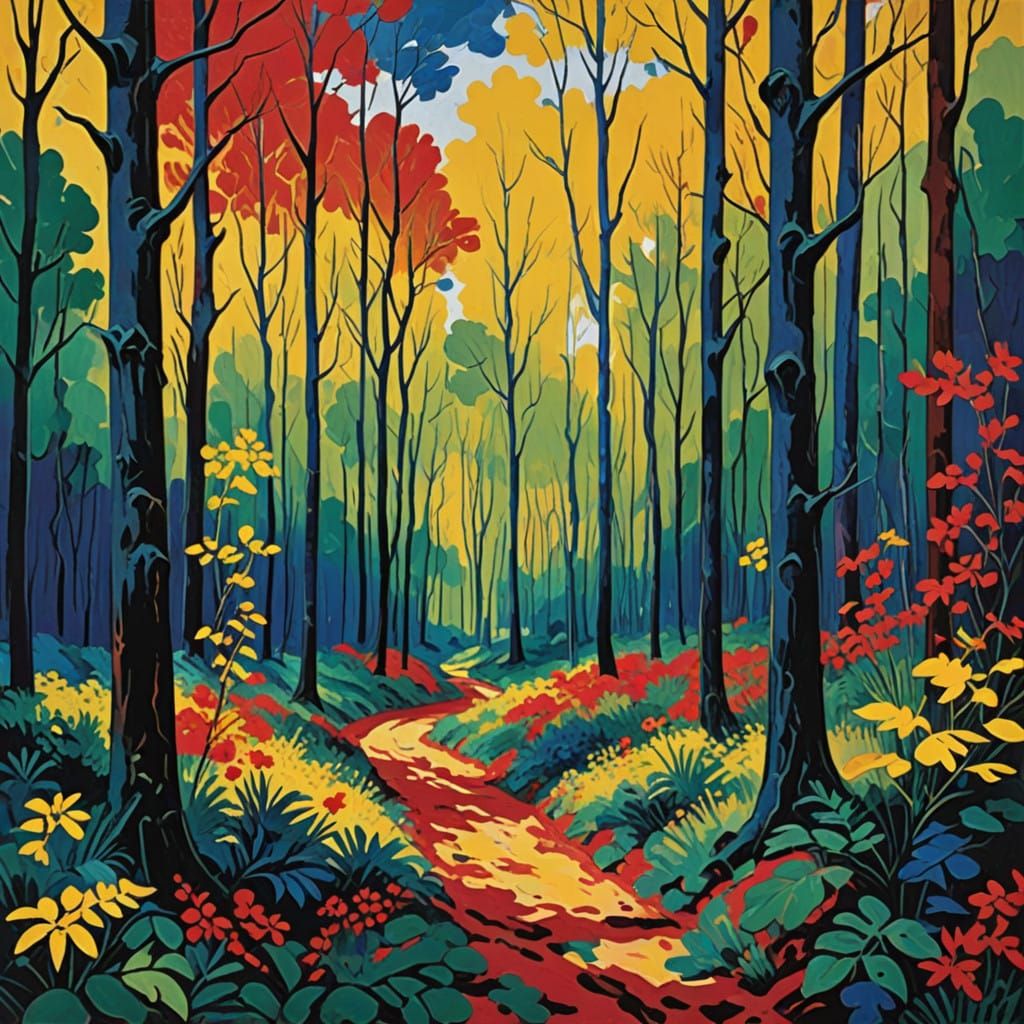 Vibrant Fauvist Forest Landscape in Bold Colors