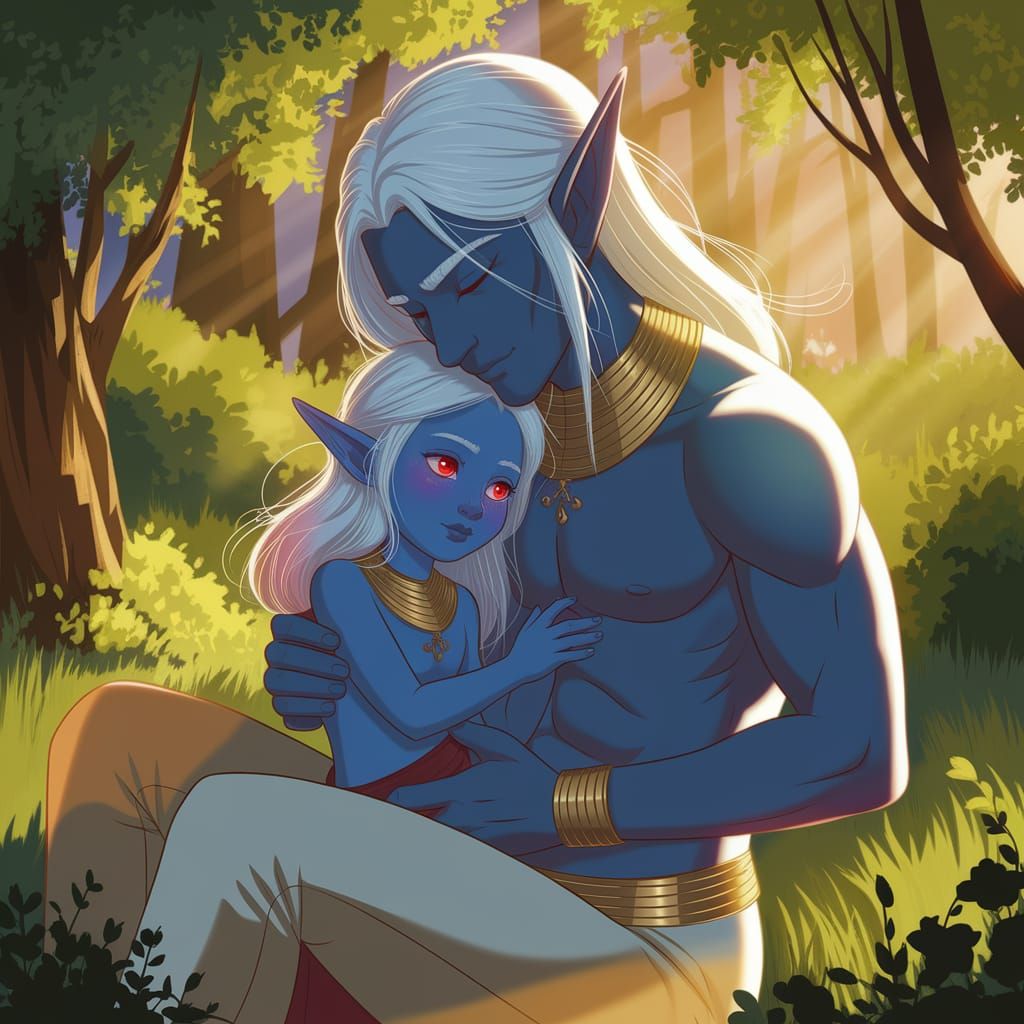 Elf Father Protects Daughter in Forest Glade