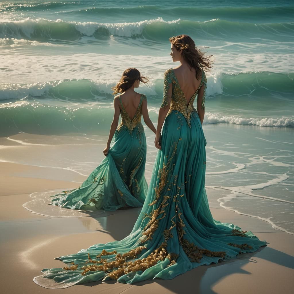Woman in Sea-Foam Gown on Turquoise Beach
