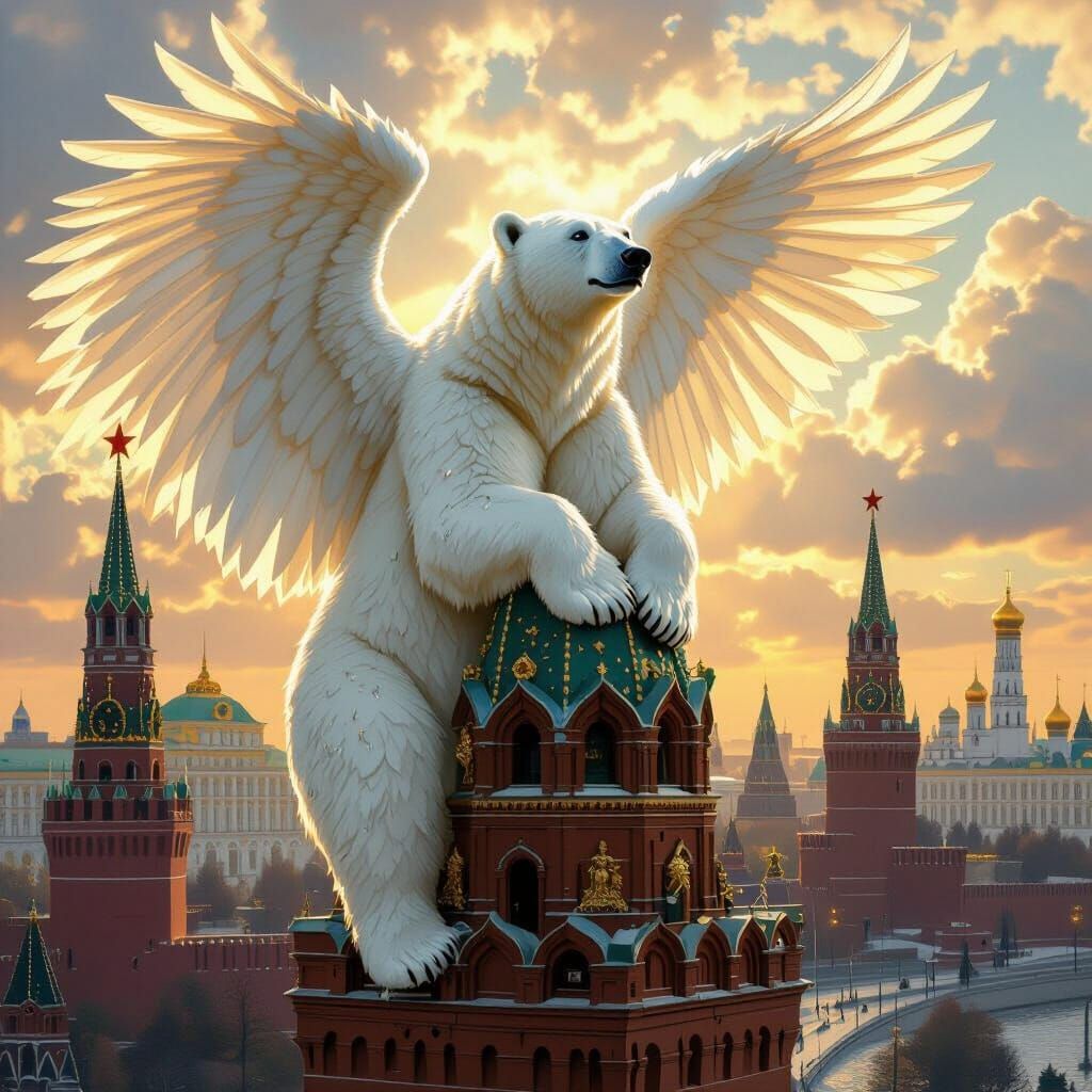 Winged Diamond Polar Bear on Kremlin in Art Nouveau Style