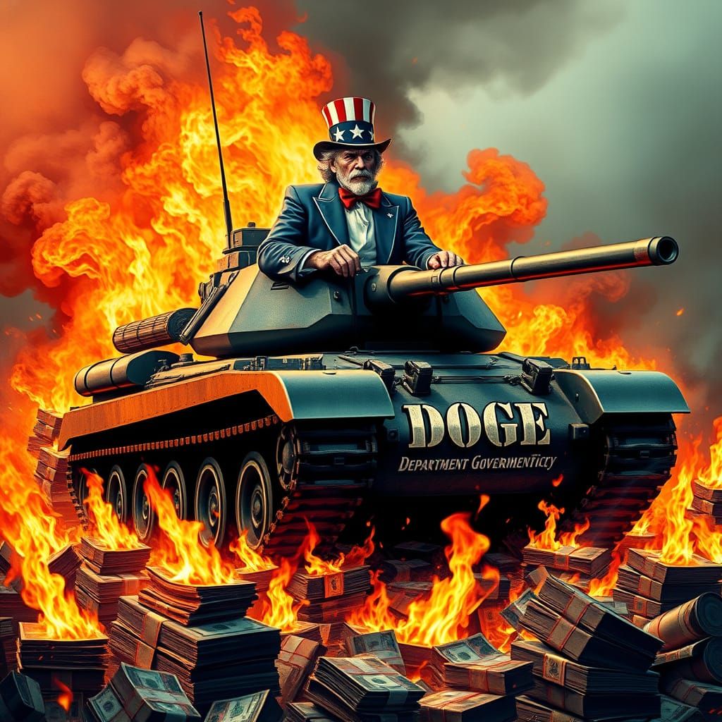 Uncle Sam Seated on a Burning Tank in a Dystopian Landscape
