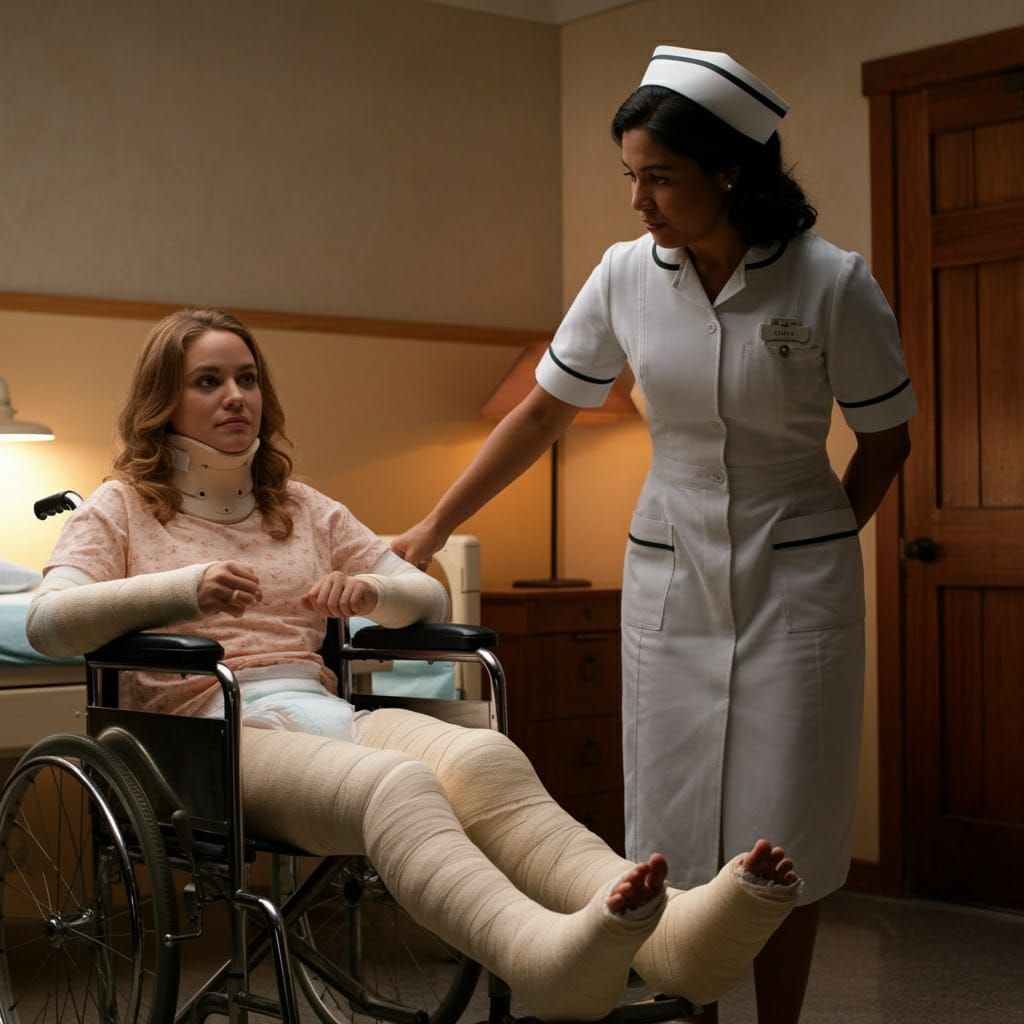 Woman in Full Body Cast, Warmly Lit Photograph