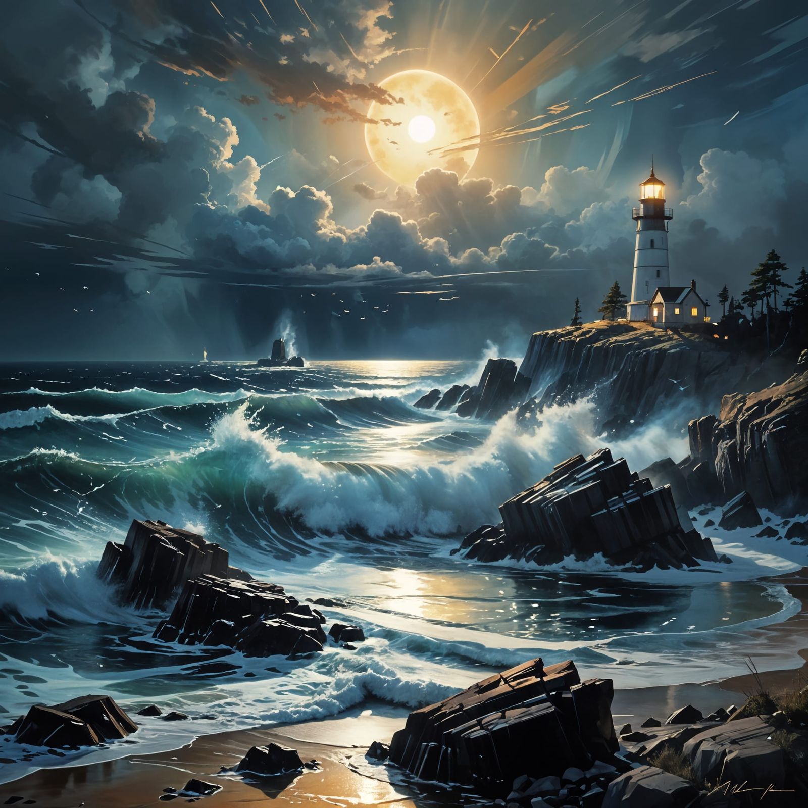 Moonlit Atlantic Night Seascape in Romantic Style