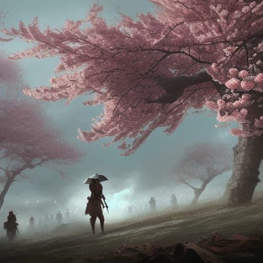 Cherry Blossoms over Battlefield: Dark Fantasy Art