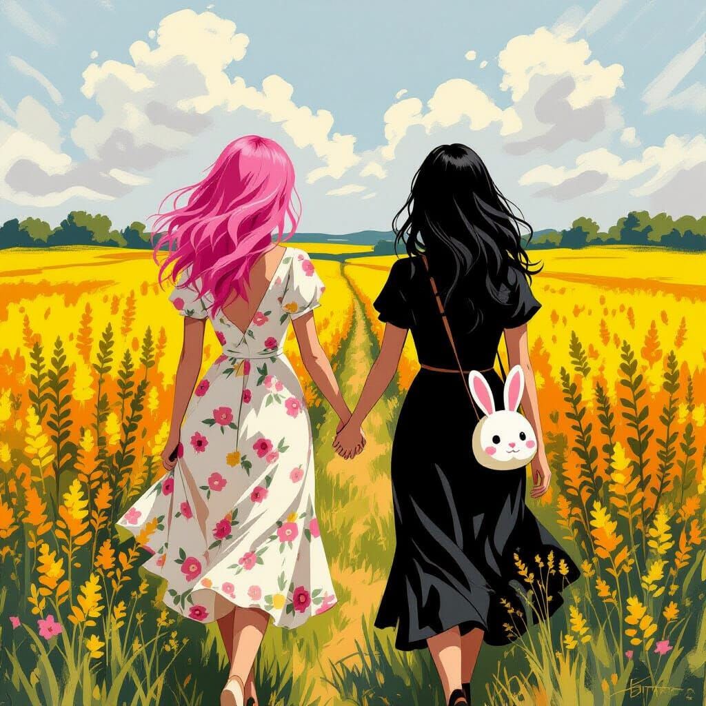 Two Women in Goldenrod Field, Van Gogh Style