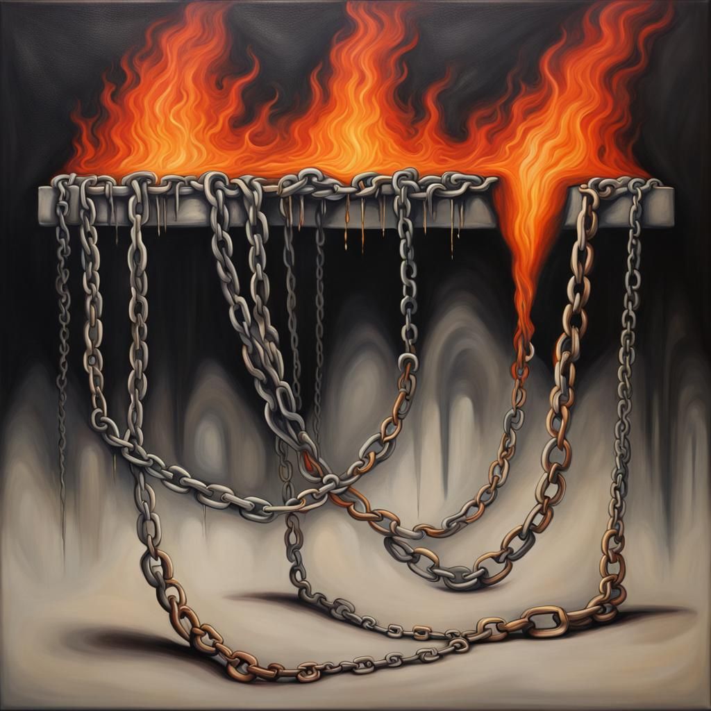 Surreal Fiery Pit with Chains: Oil on Canvas