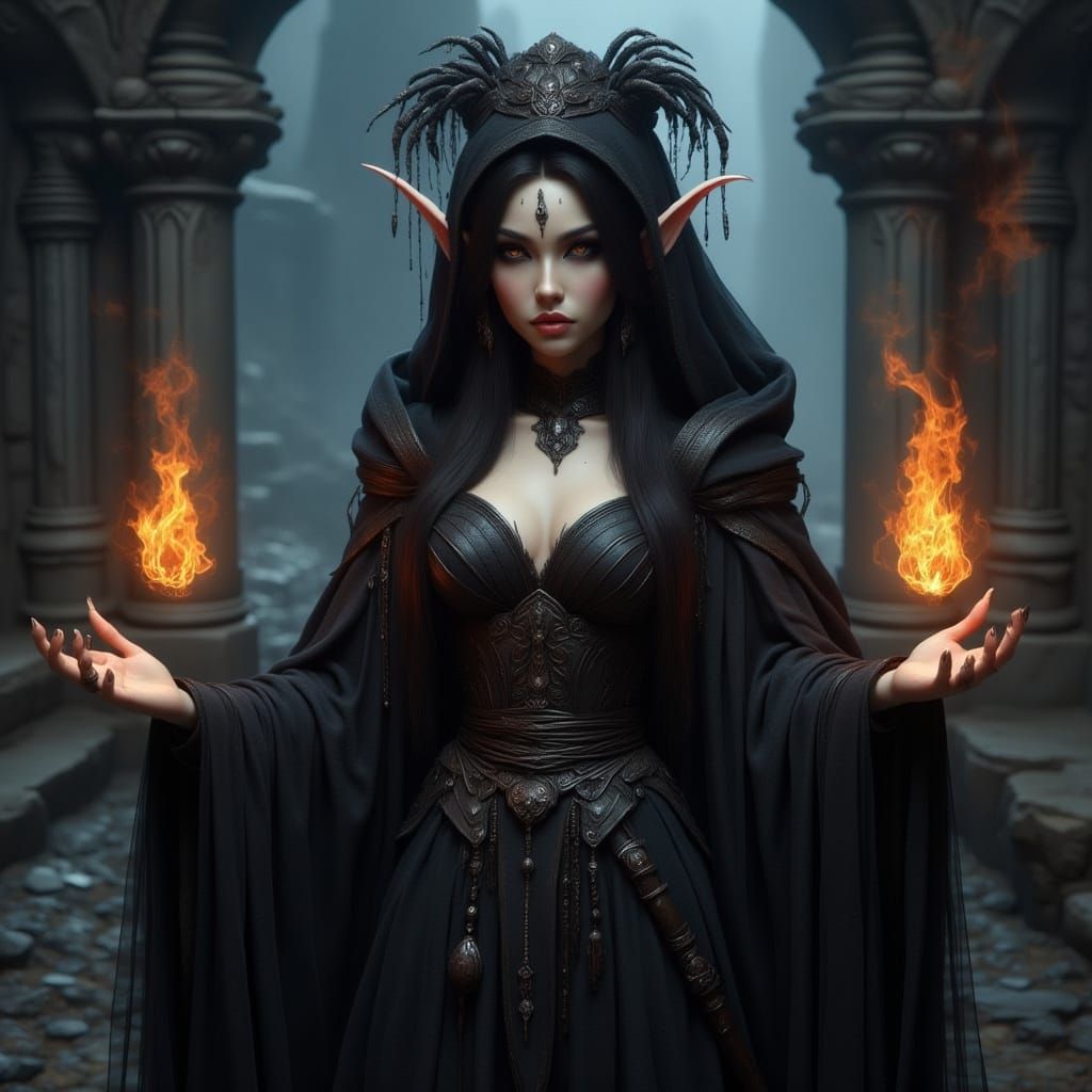 Dark Elf Wizard Conjures Ethereal Fire, Crowned with Spiders