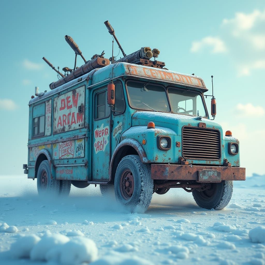 Armored Ice Cream Truck on Frozen Tundra in Post-Apocalyptic...