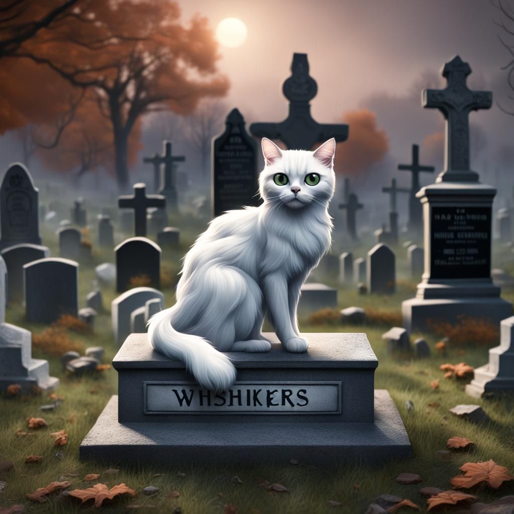 Ghost Cat on Gravestone in Spooky Graveyard