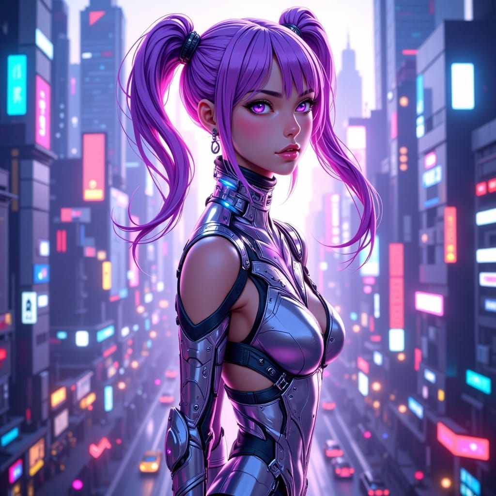 Anime Girl in Pastel Purple Hair Flies Above Futuristic City