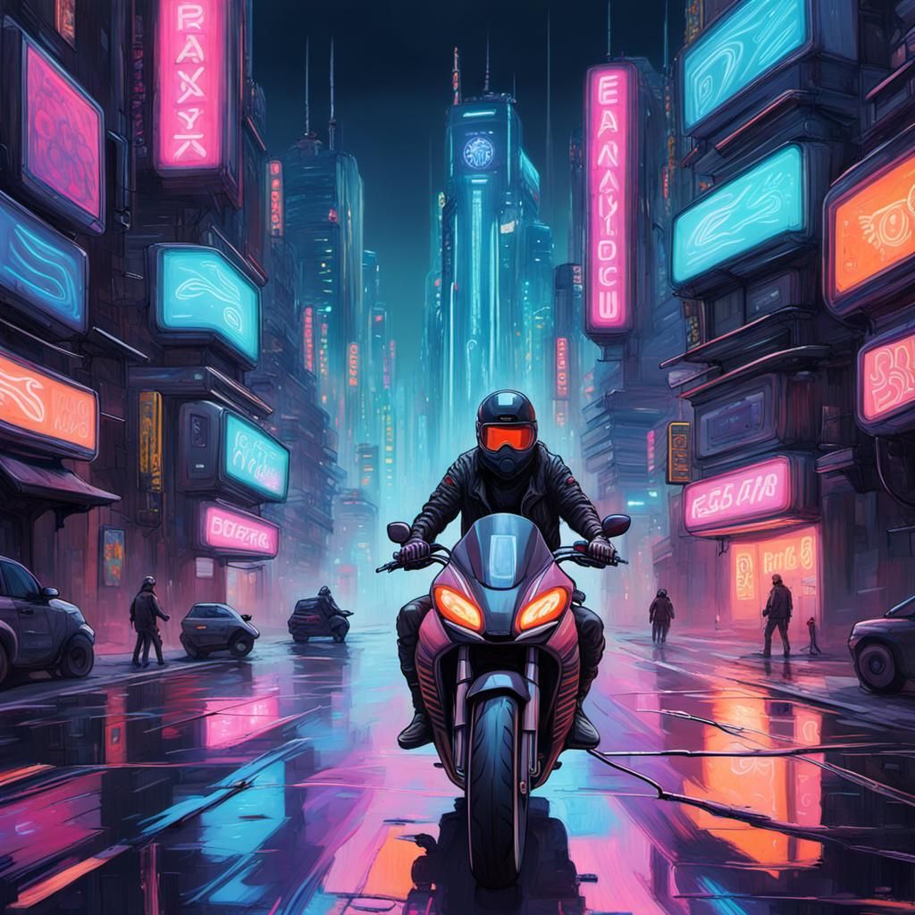 Cyberpunk Biker in Neo-Tokyo: Digital Art
