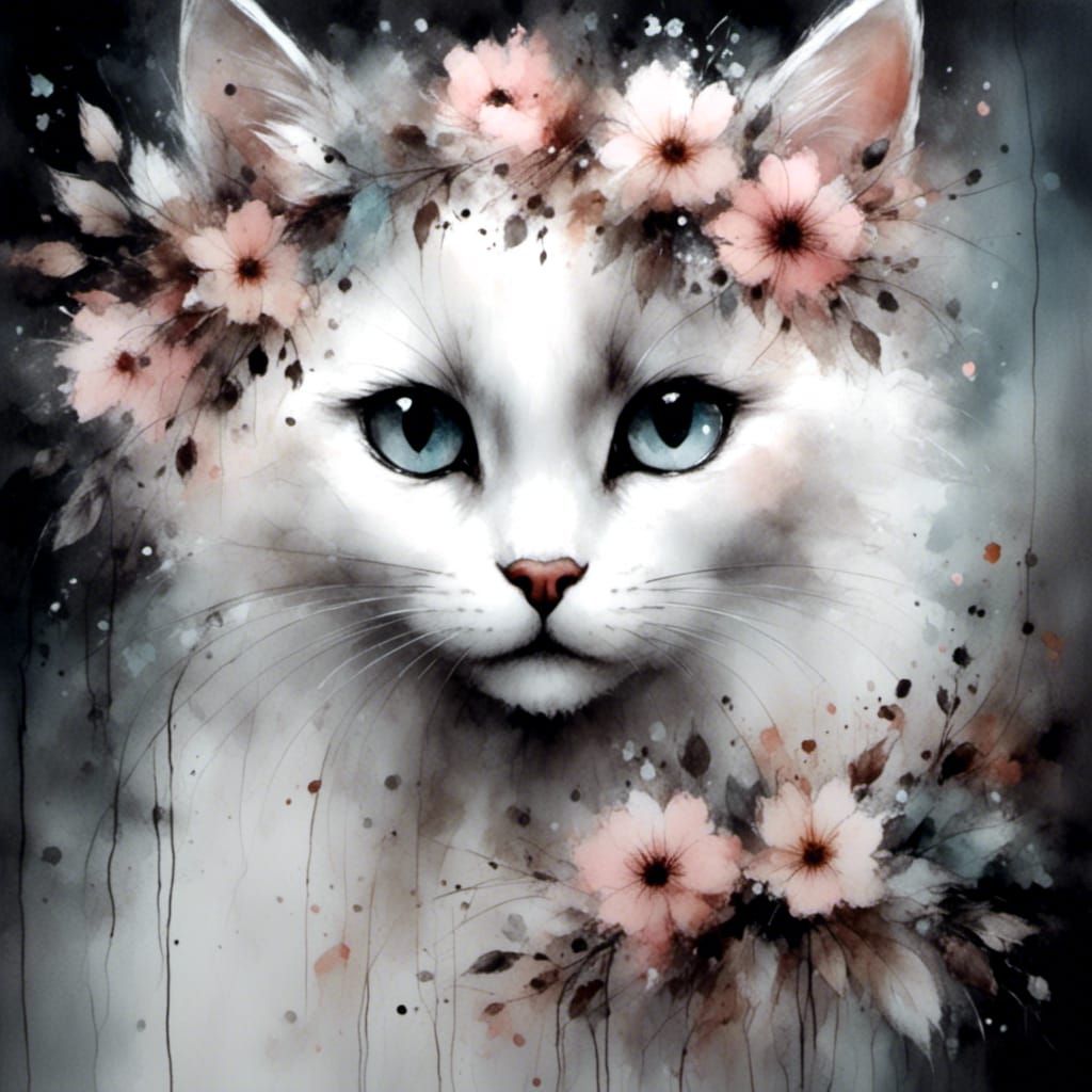 White Cat Portrait in Charcoal and Ink Style