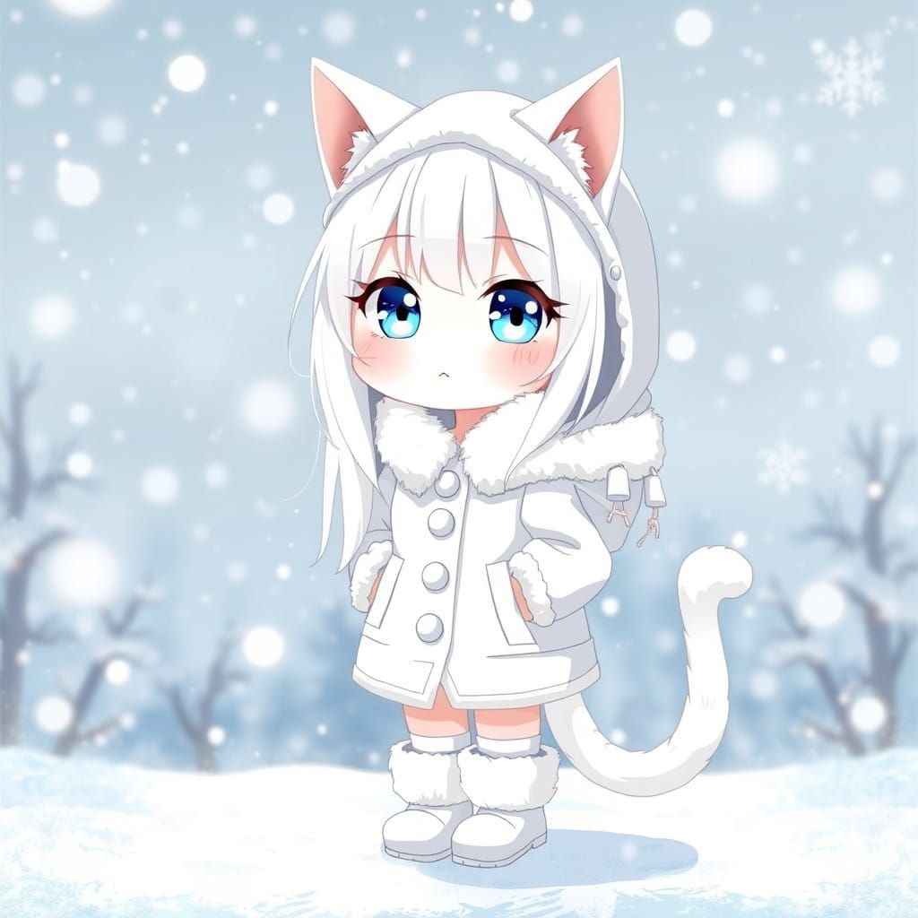Serene Winter Wonderland Catgirl in Anime Style