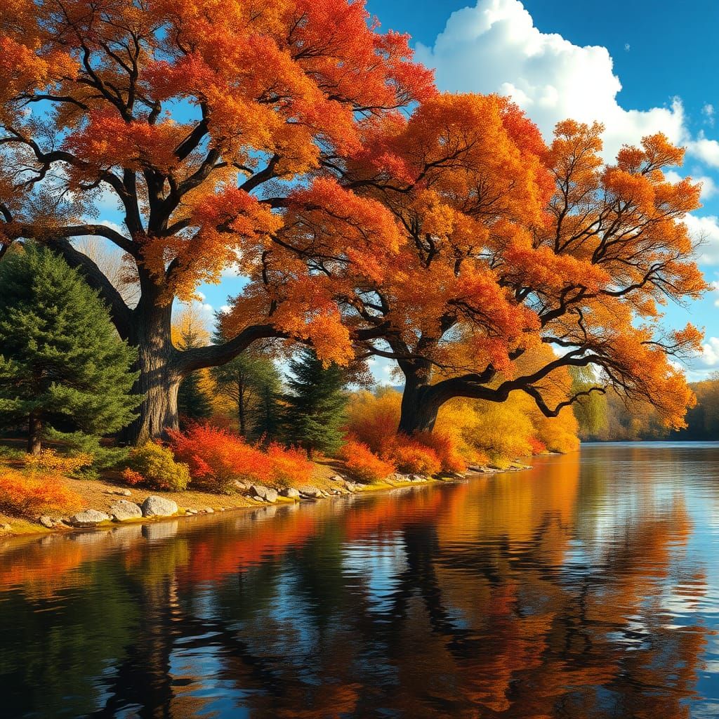 Hyperrealistic Autumn Riverbank Reflection in Vivid Colors