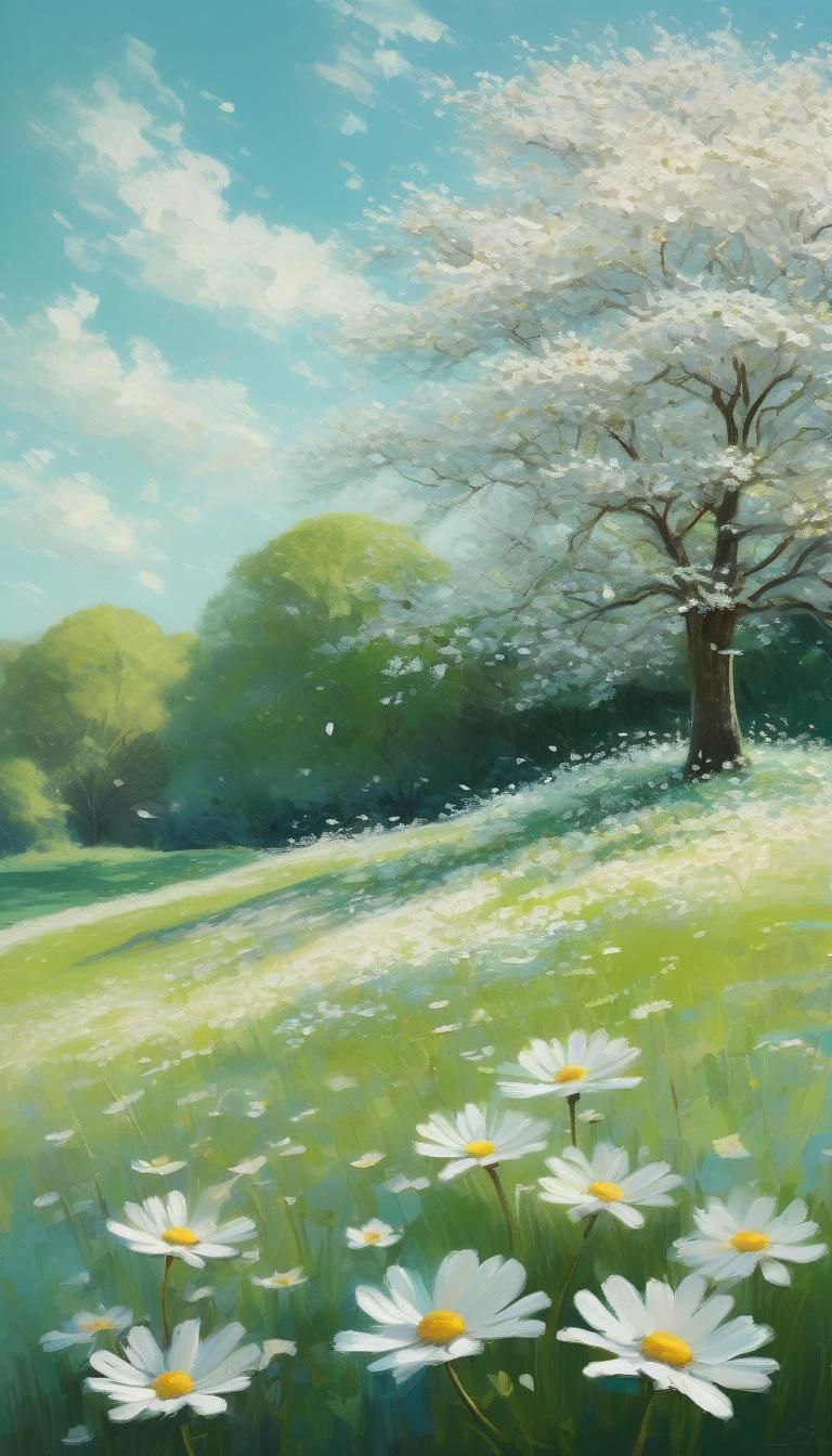 Blossom Tree with Daisies: Impressionist-Inspired Art