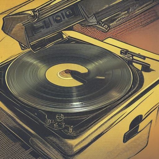 Futuristic Vinyl Record in Retro-Futuristic Cityscape