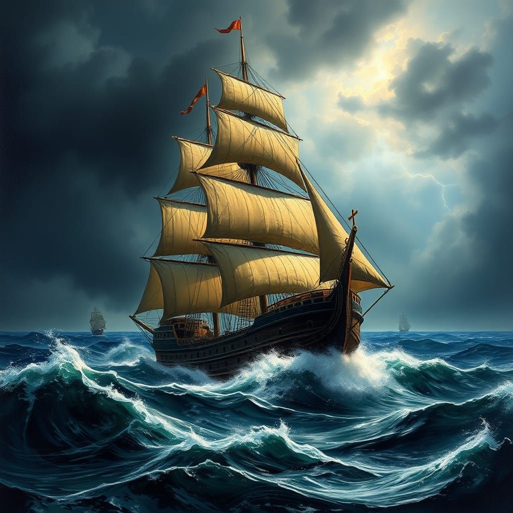 Galleon Outrunning Storm in Classic Maritime Painting Style