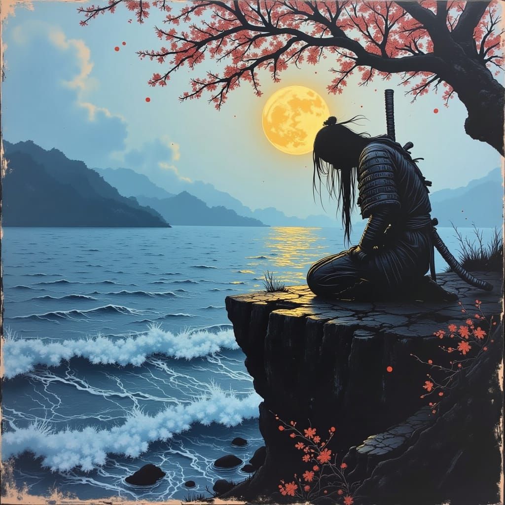 Victorious Samurai Bowed by Defeat in the Fading Light