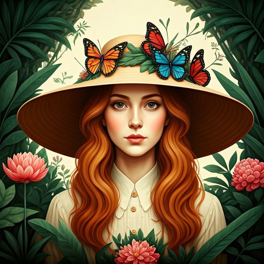 Woman's Butterfly Hat in Naive Art Style