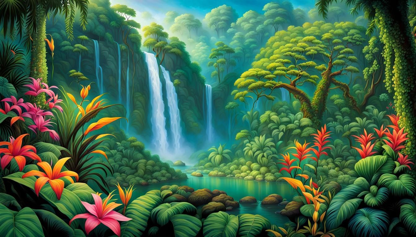 Lush Tropical Rainforest Scene with Waterfall