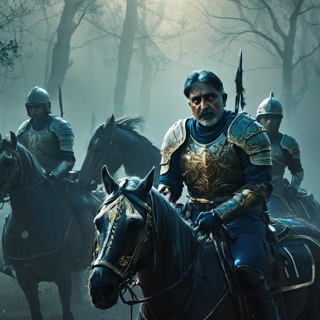 Armored Knight on Horseback in Misty Forest