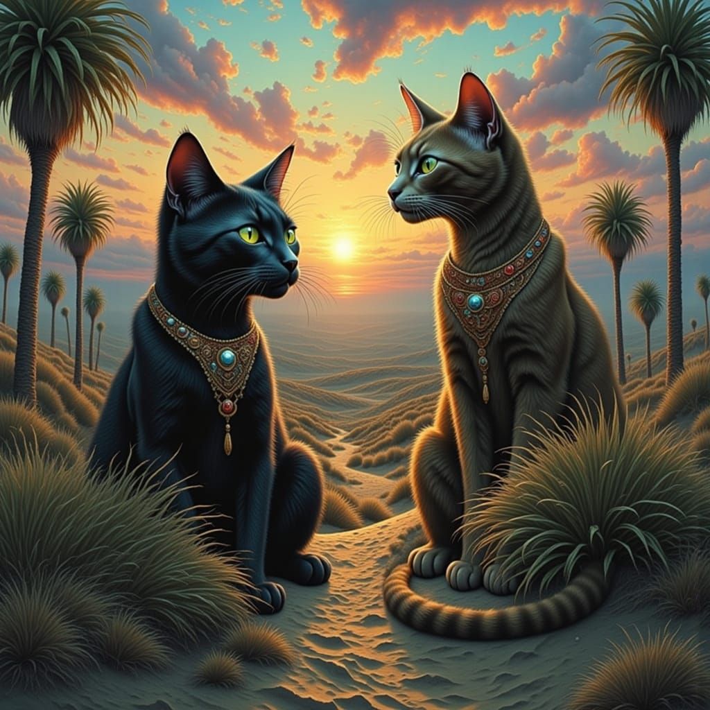 Egyptian Mau Cats at Desert Sunset in Painterly Style