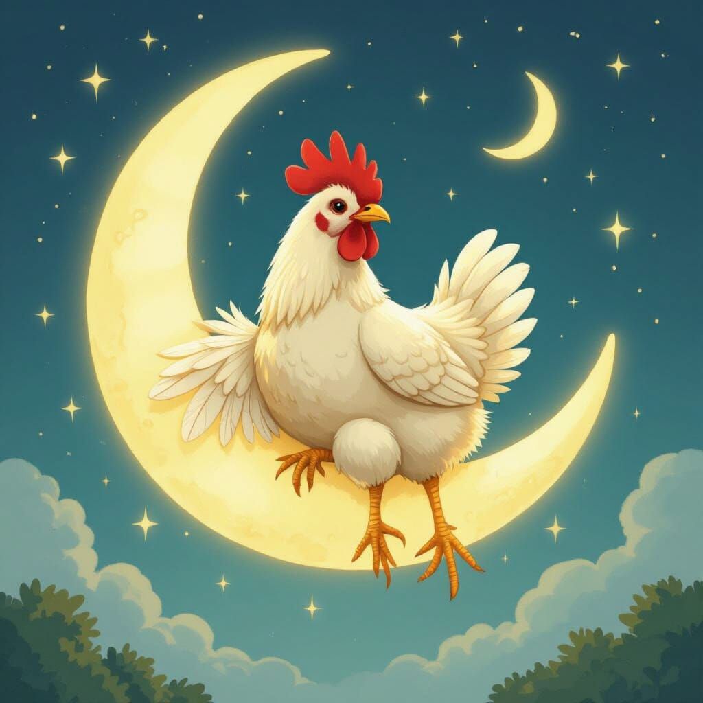 Chicken on the Moon in Whimsical Style