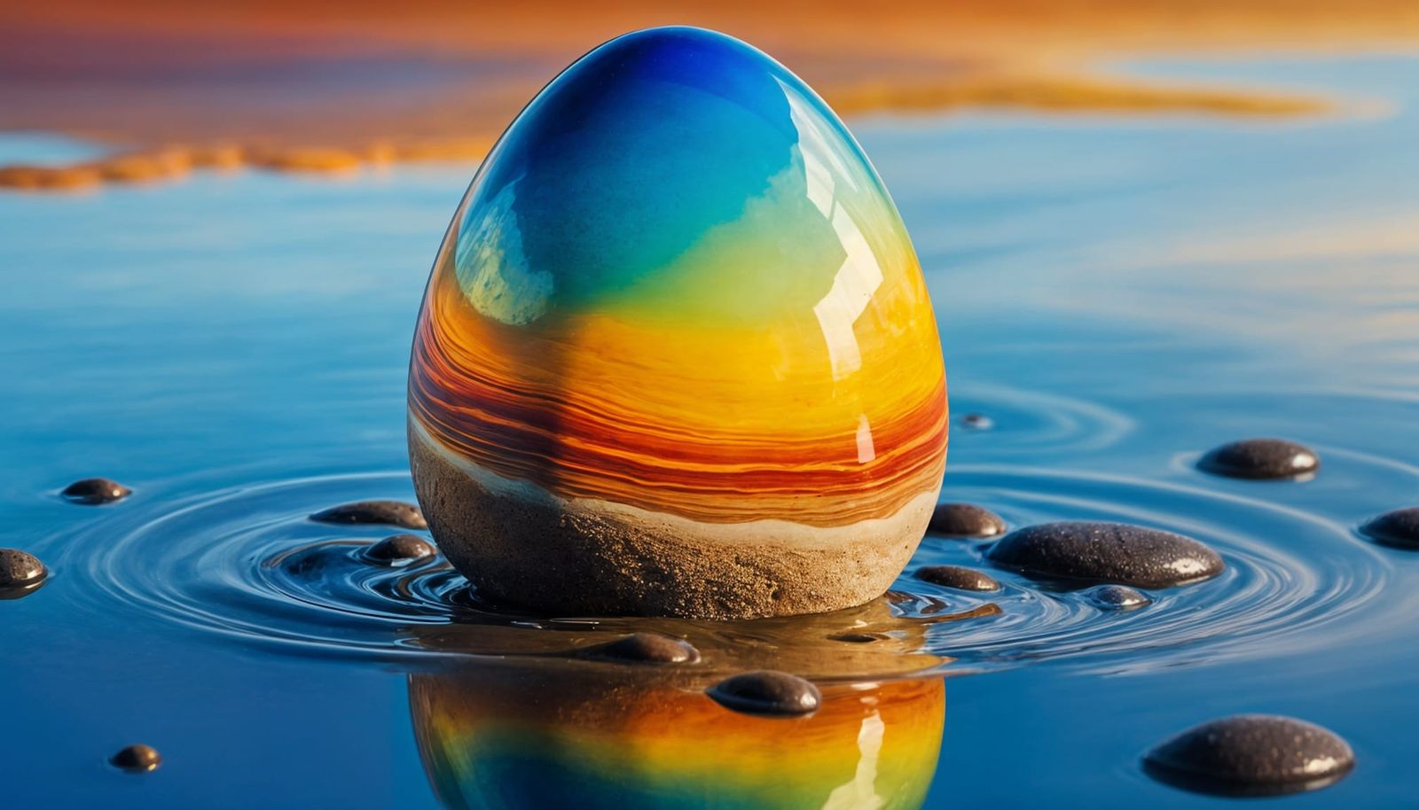 single giant rainbow egg shaped pebble on a liquid background