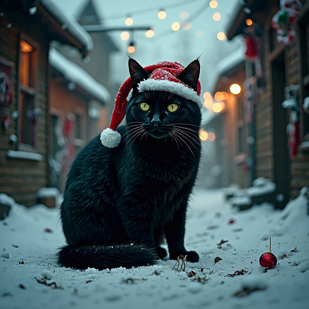 Creepy Christmas: Hyper-Realistic Black Cat in Santa Hat