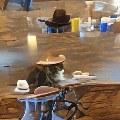 Cat in Cowboy Hat Sitting at Table