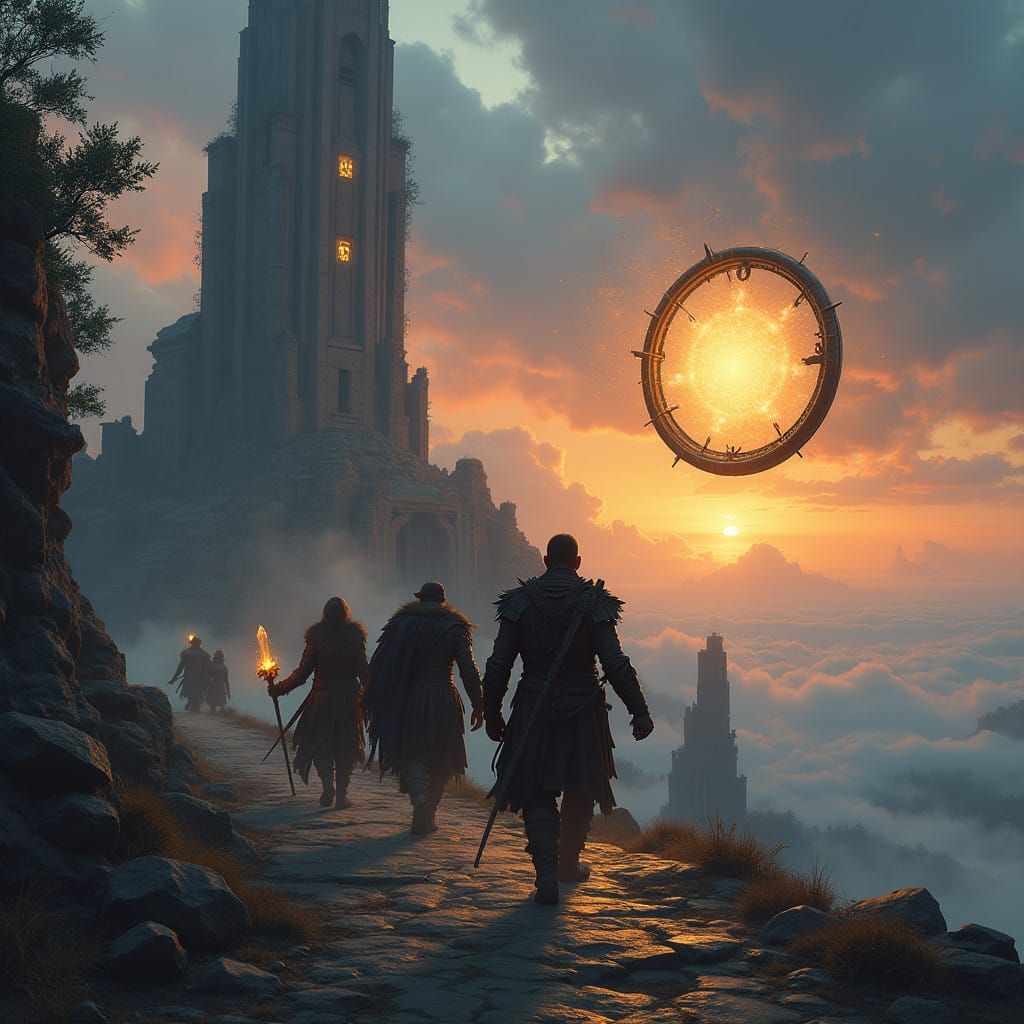 Warriors Depart Ancient Temple at Dusk, Illuminated by Glowi...