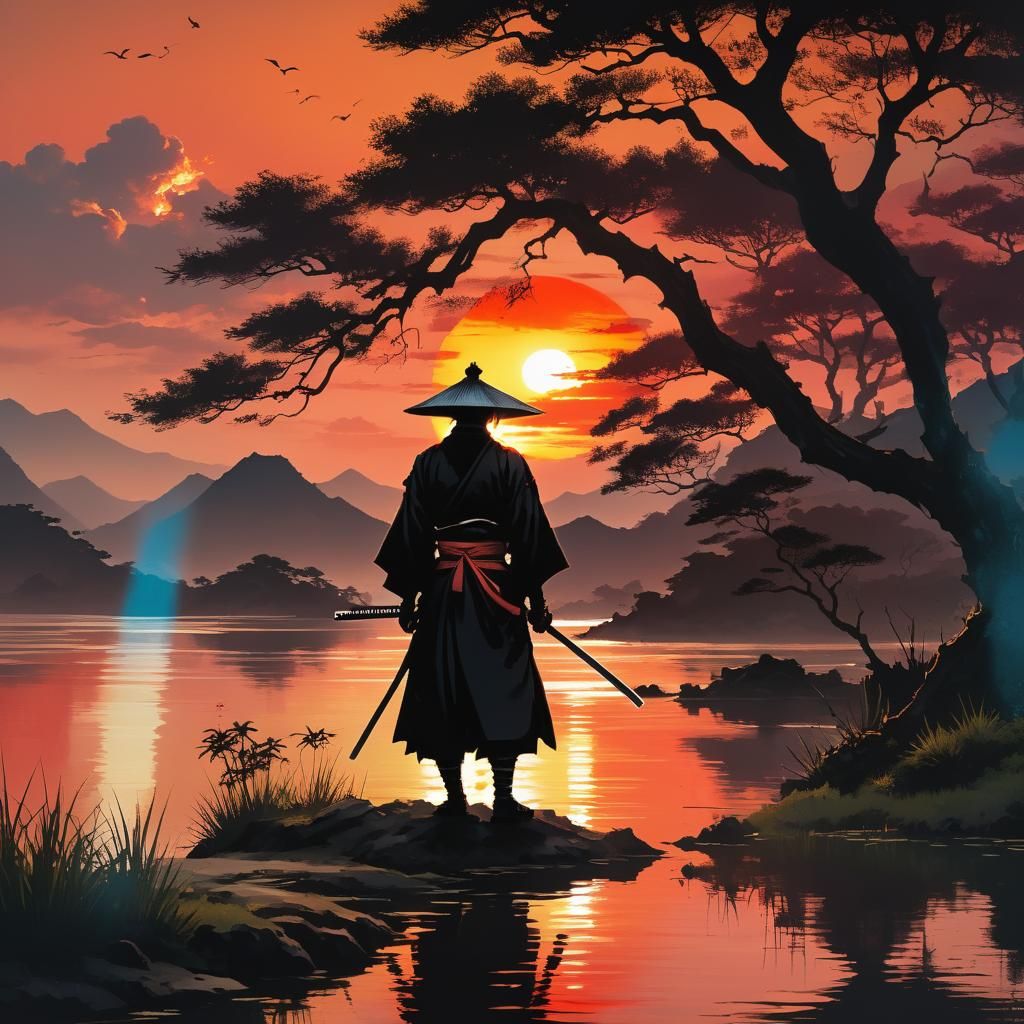 Samurai Silhouette Against Sunset in Mixed Media Collage