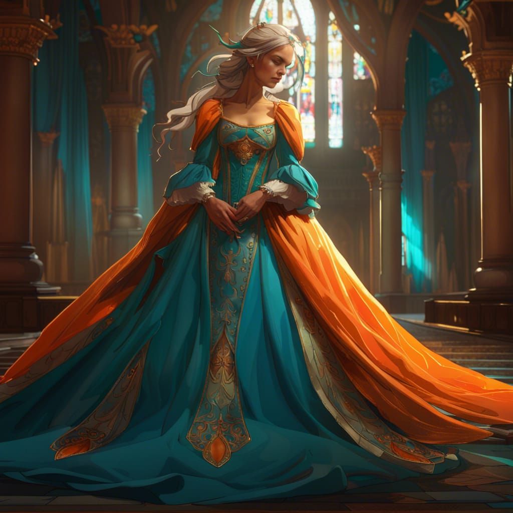Detailed Medieval Gown in Art Nouveau Style