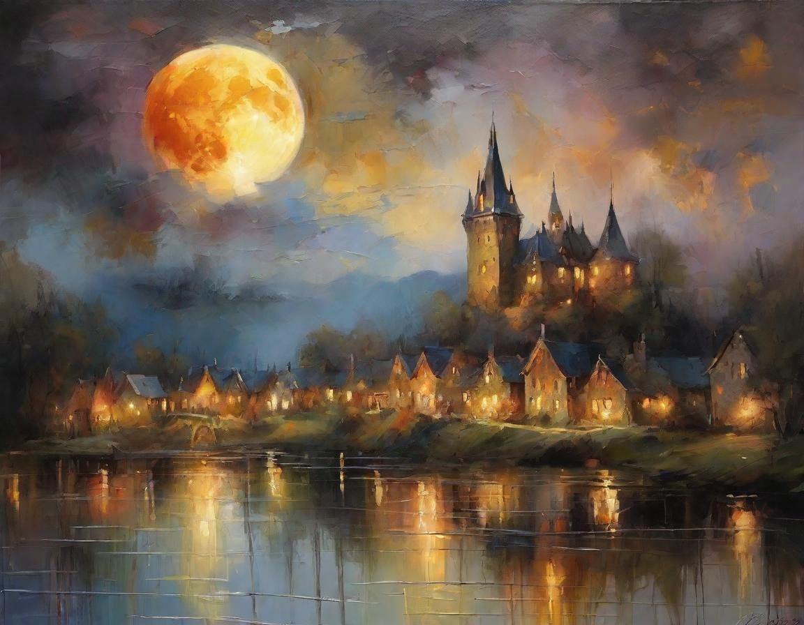 Halloween Moon Over Medieval Village: Whimsical Landscape