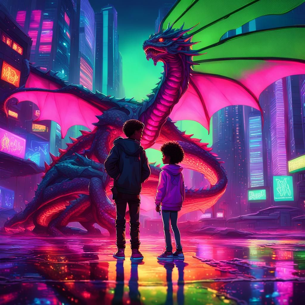 Cyberpunk Dragon and Children in Futuristic Cityscape