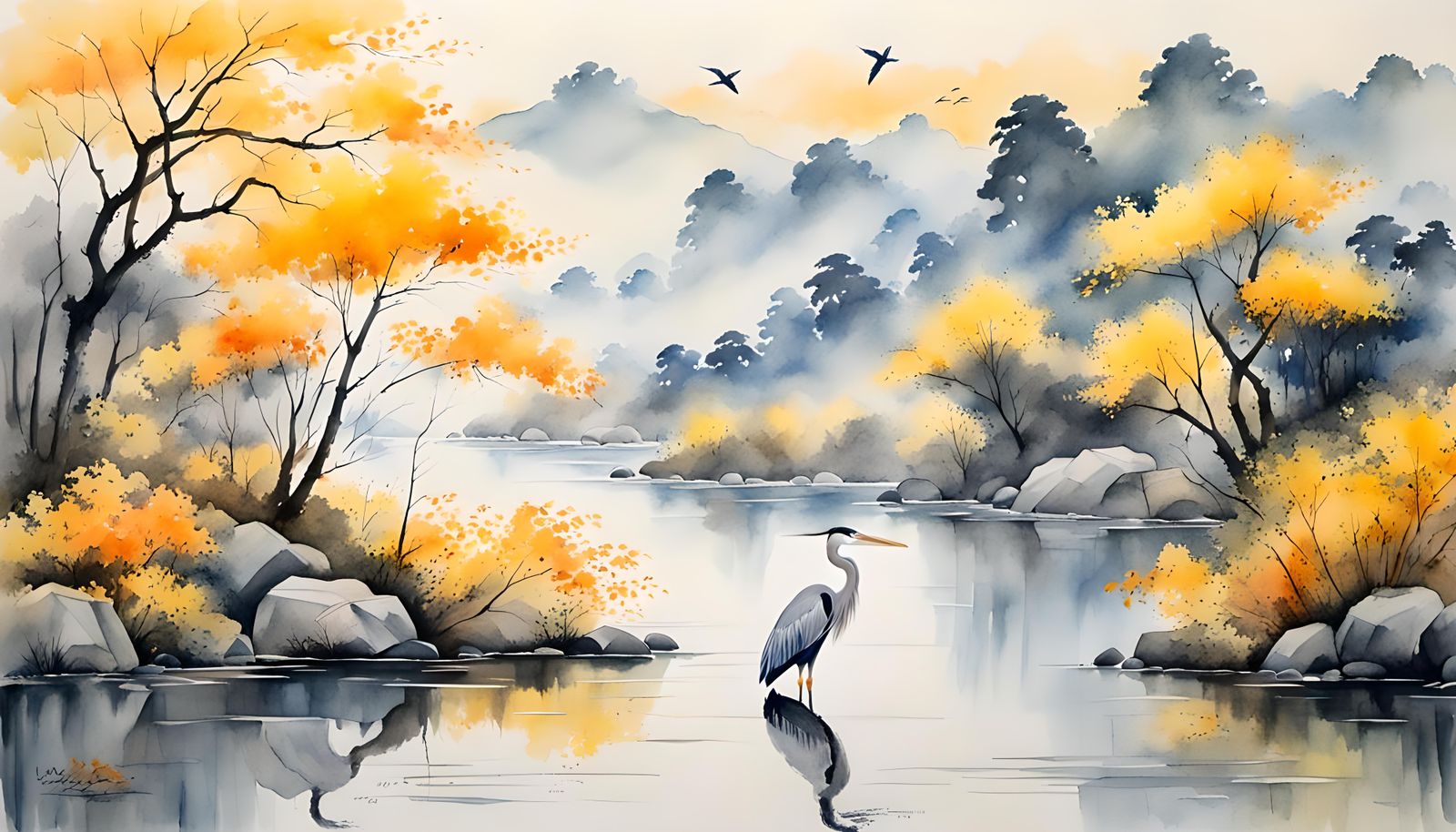 Great Blue Heron in Watercolor Ink Painting