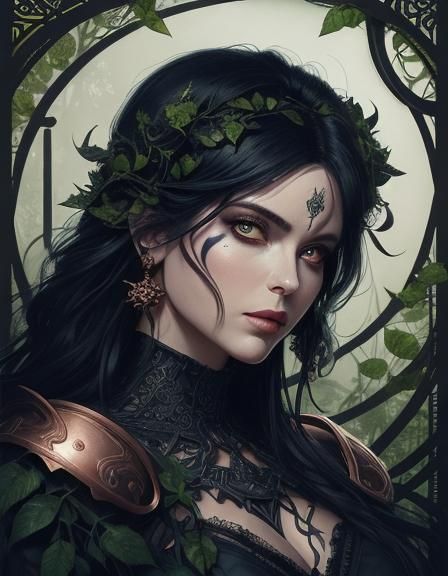 In the art style of Luis Royo. Snow White. Fairy forest. Dar...