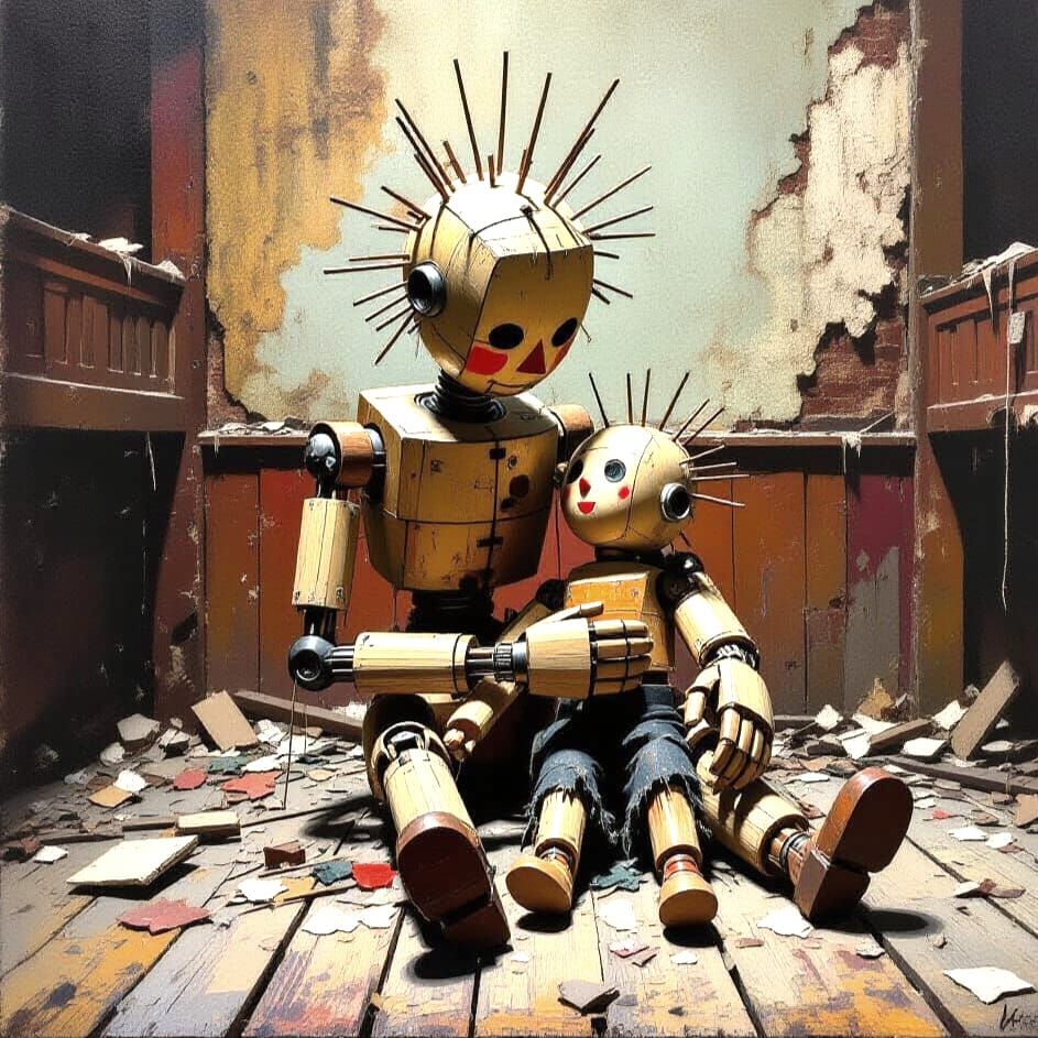 Wooden Marionettes Embrace in Decaying Theatre