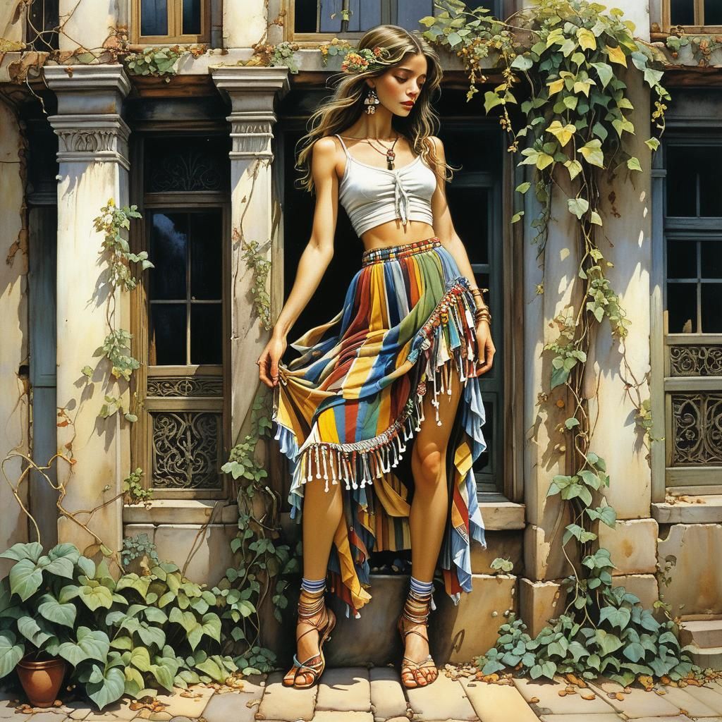 Woman in Striped Skirt by Old Building