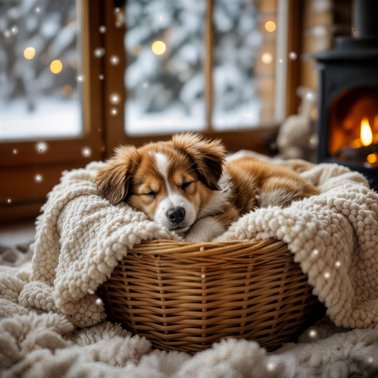 Cute Fluffy Dog Sleeping in Cozy Fireside Scene