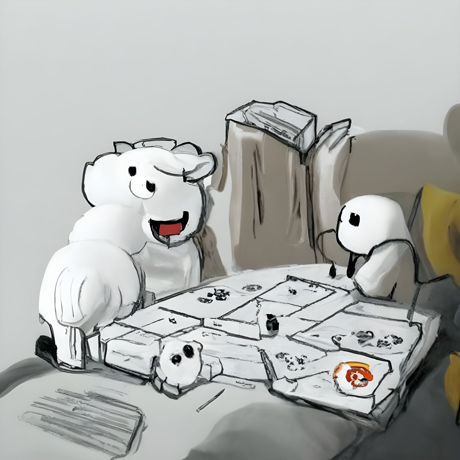 Cute Drawing of a Chaotic Settlers of Catan Game