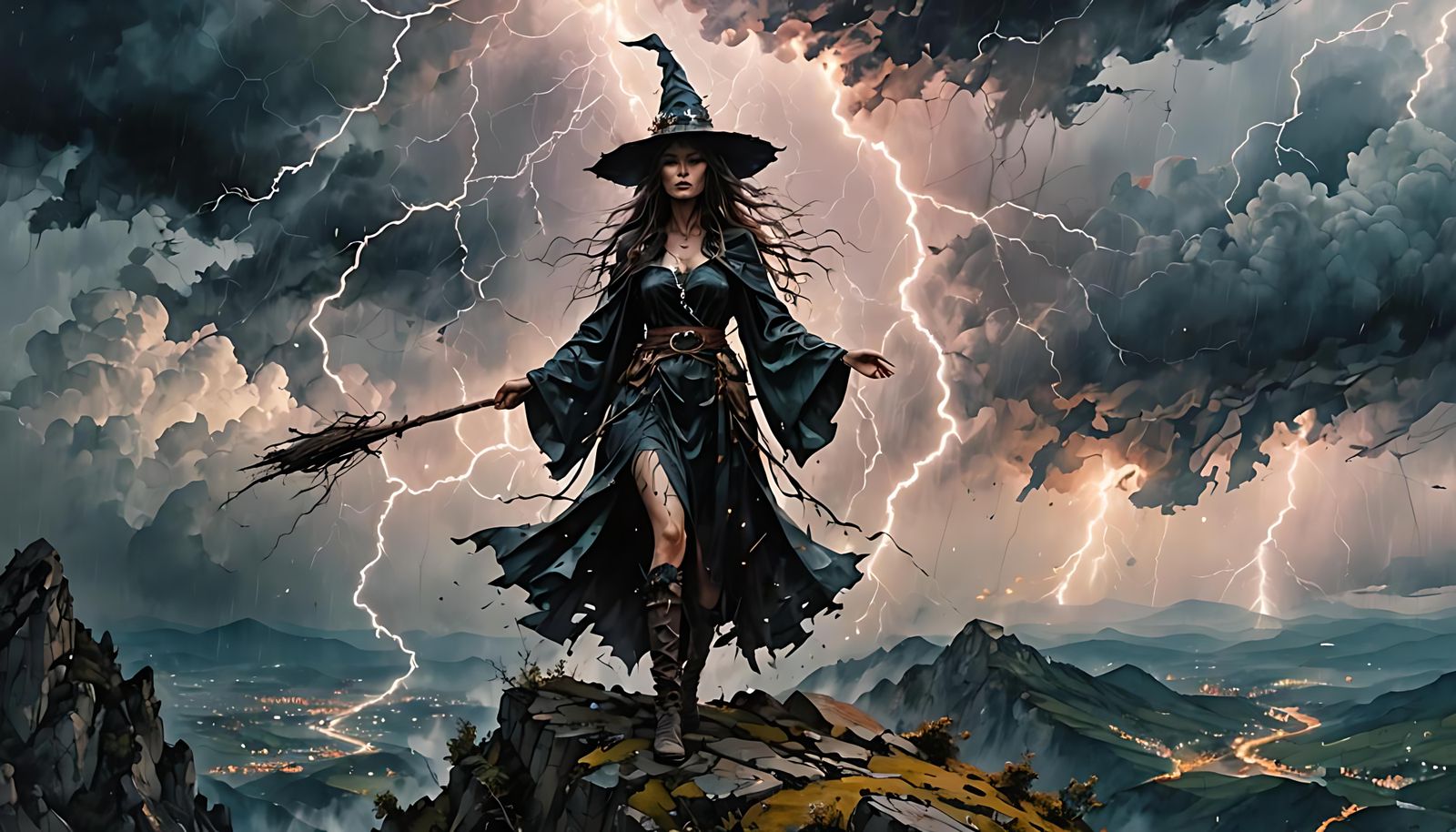 Beautiful Witch Conjuring a Lightning Storm