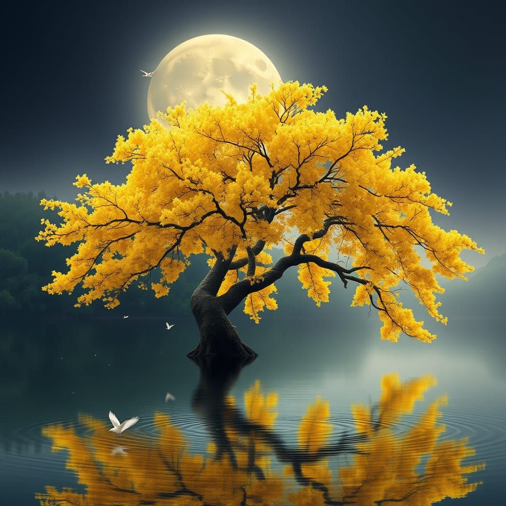 Ethereal Mimosa Tree Landscape in Soft, Dreamy Light