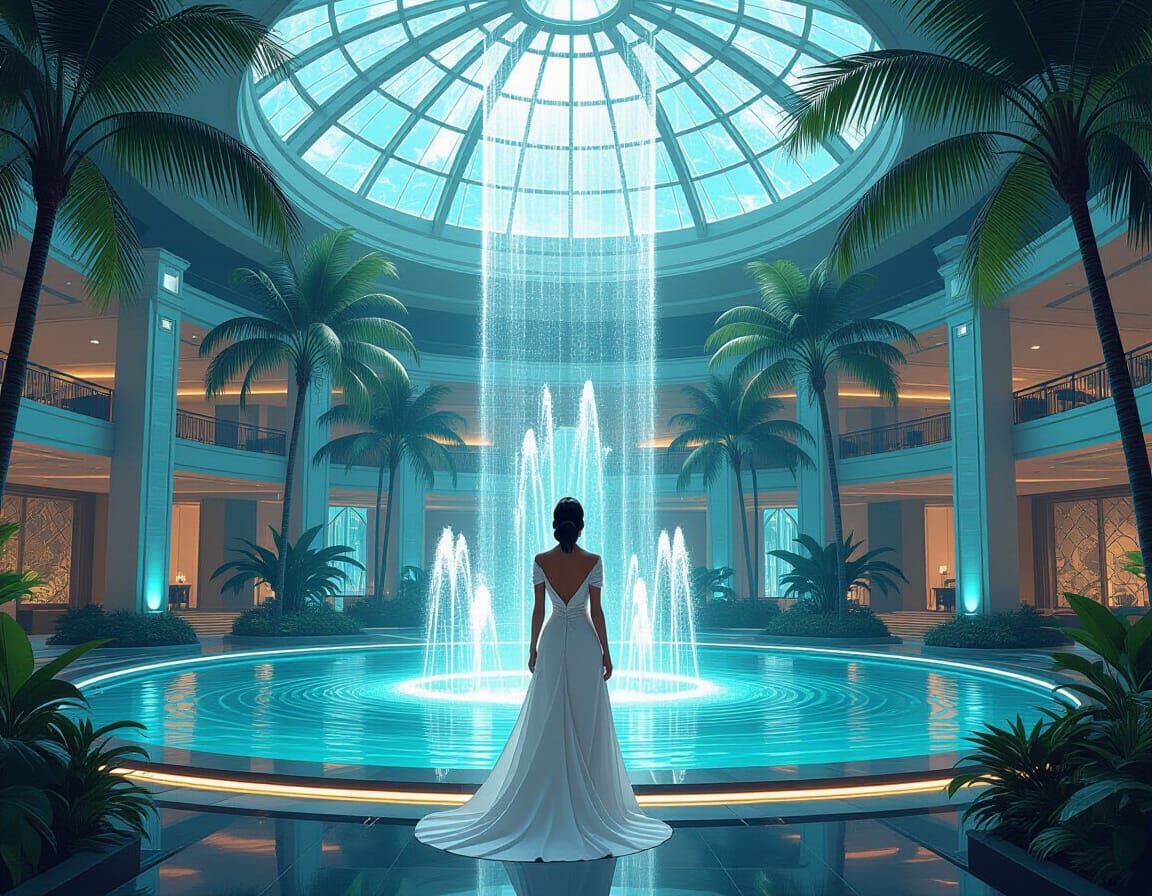 Futuristic Atrium with Serene Woman, Digital Art