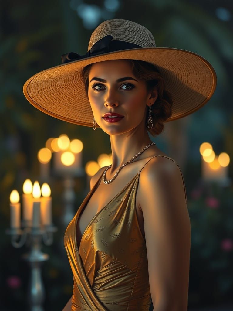 Woman in Elegant Evening Attire Under Starry Garden Skies