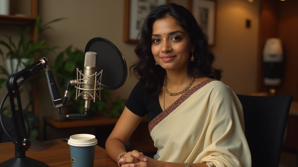 Indian Woman in Podcast Studio: Cinematic Film Still