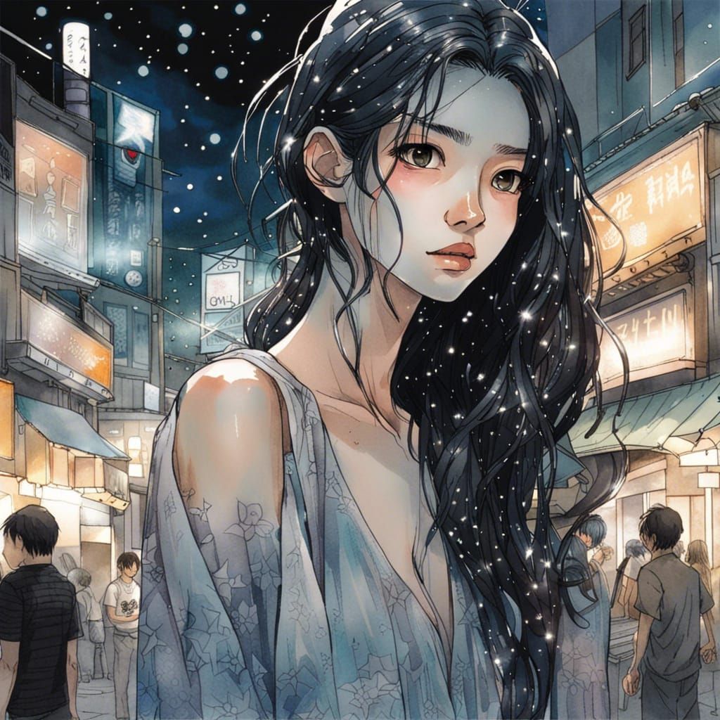 Singapore Night Scene: Gothic Watercolor Anime Portrait