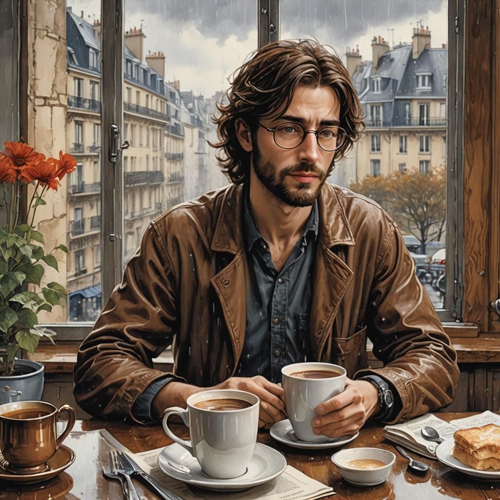 Man Drinking Coffee on Rainy Paris Day