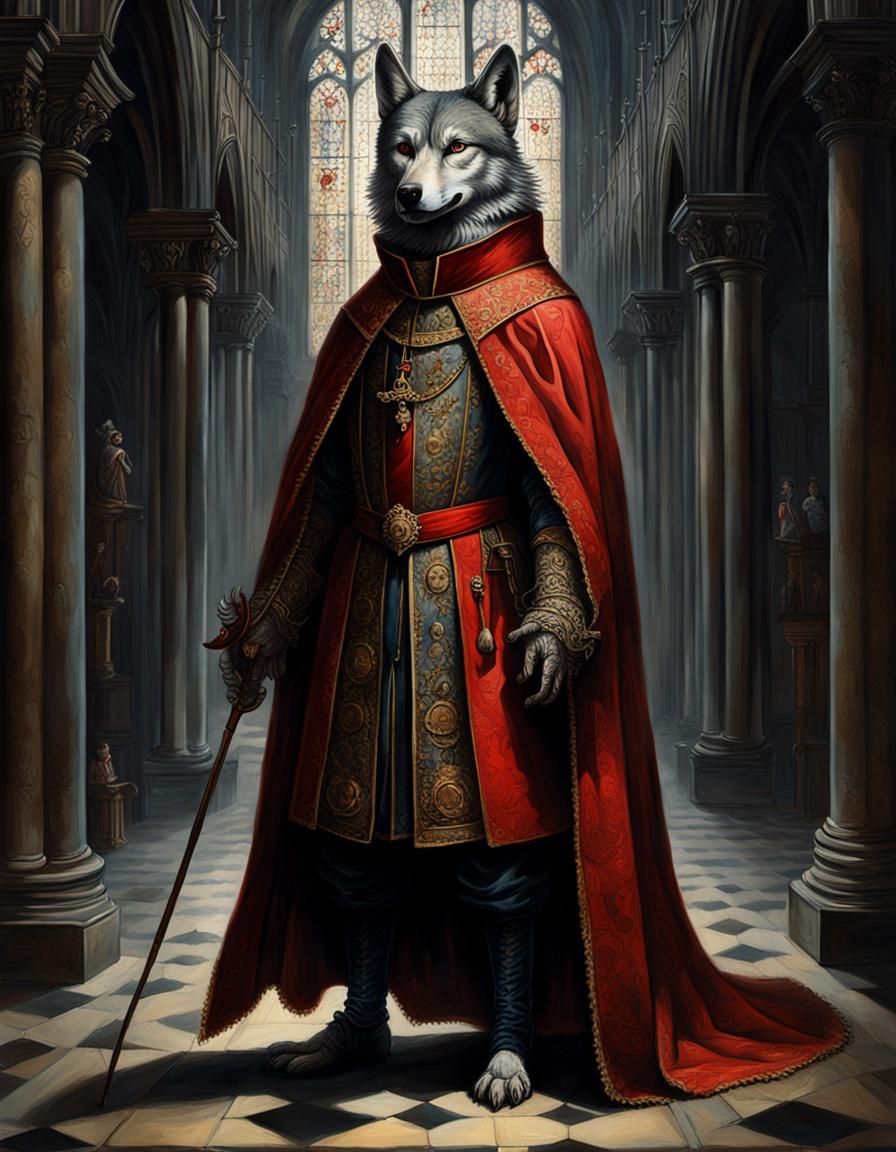 Wolf Cardinal in Cathedral: Detailed Oil Painting